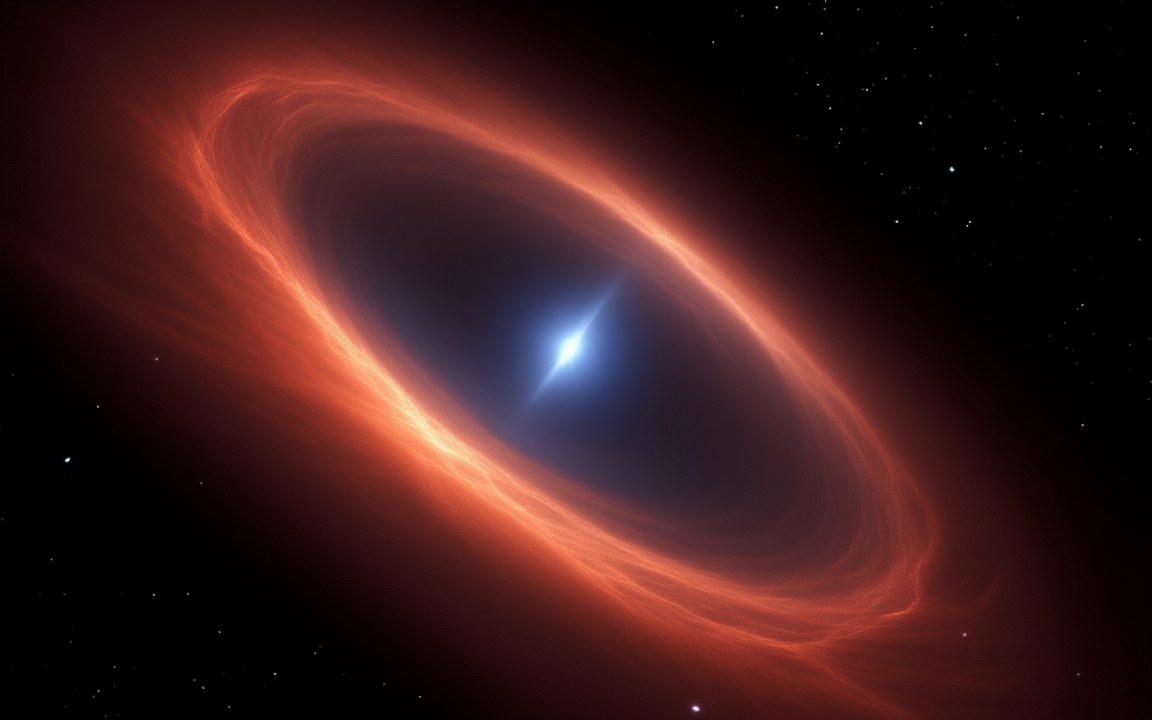 A small blue-white star inside a wide, glowing red ring of gas, an impression of a neutron star in a remnant of its supernova.