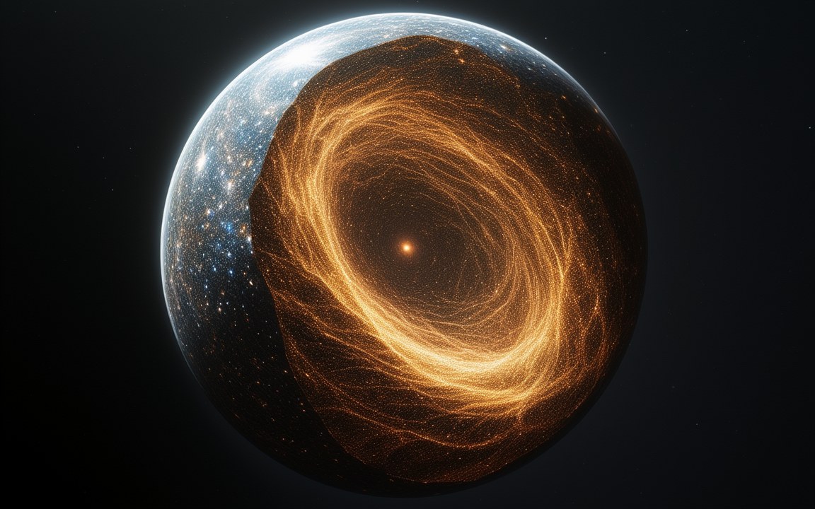 A glowing sphere whose cut-open face shows swirling golden threads of galaxies around a bright centre, an impression of the observable universe.