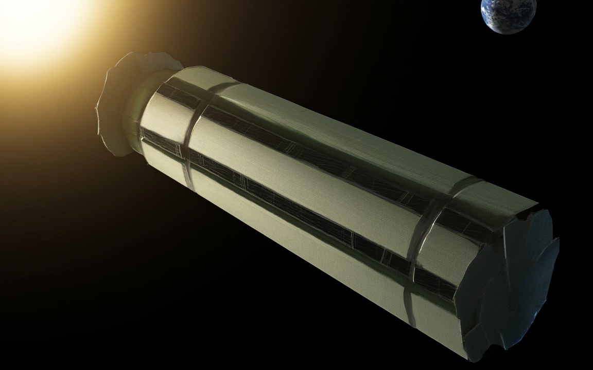 A long, metallic cylinder with window strips along its sides floating in sunlight, with Earth in the corner, an impression of an O'Neill cylinder.