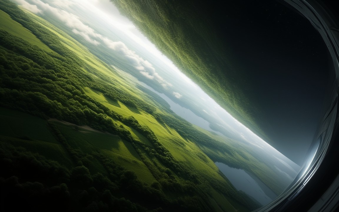 Green fields, forests and lakes curving upwards into the sky inside a vast cylinder, an impression of the interior of an O'Neill cylinder.