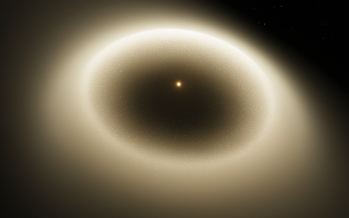 A tiny yellow Sun at the centre of a vast, faint shell of countless pale specks, an impression of the Oort cloud seen from outside.