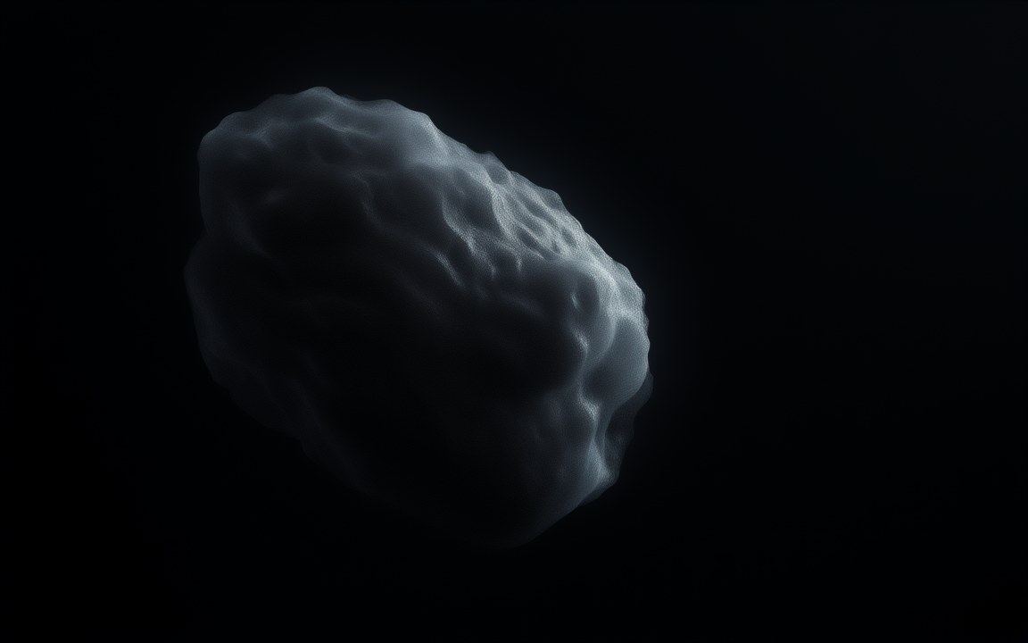 A dark, lumpy chunk of grey ice drifting alone in black space, an impression of a comet nucleus in the Oort cloud.