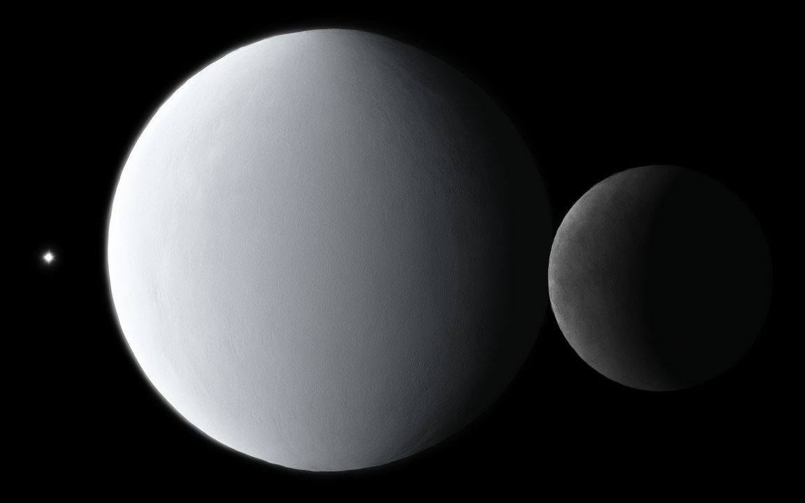 A pale grey icy world beside a large, darker grey moon, both lit from the left by the Sun as a distant star, an impression of Orcus and its moon Vanth.