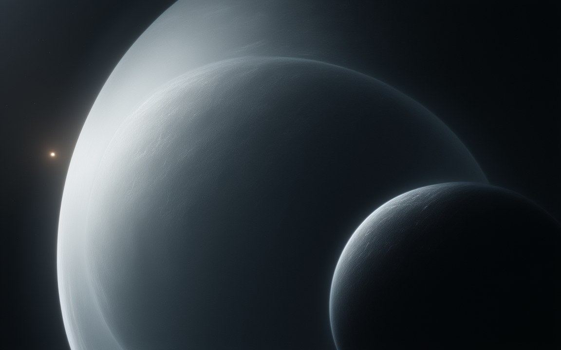 Two grey icy worlds close together, a large pale one and a smaller darker one in front of it, lit from the left by a faint distant Sun, an impression of Orcus and Vanth.