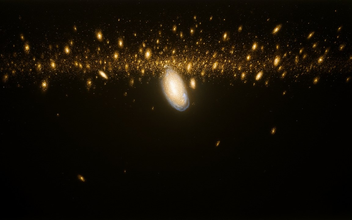 A crowded band of golden galaxies with one bright, larger galaxy among them, an impression of the Phoenix Cluster, home of the black hole Phoenix A.