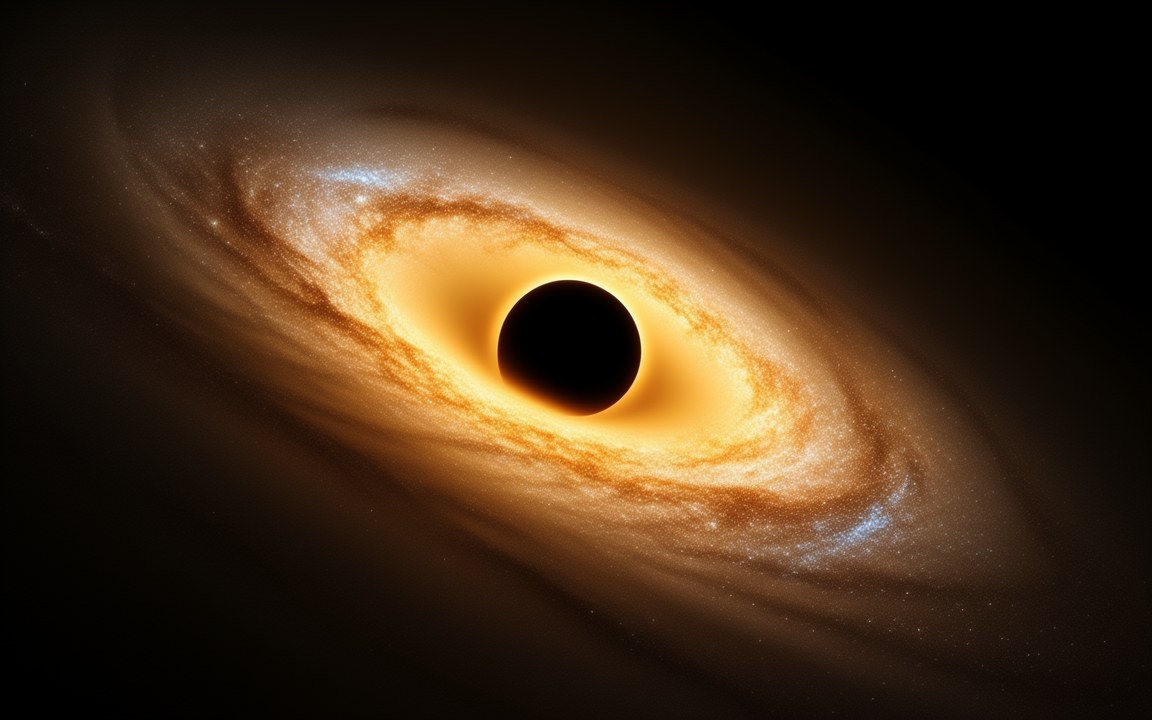 A black shadow at the heart of a glowing golden swirl of stars and gas, an impression of the supermassive black hole Phoenix A at the centre of its galaxy.