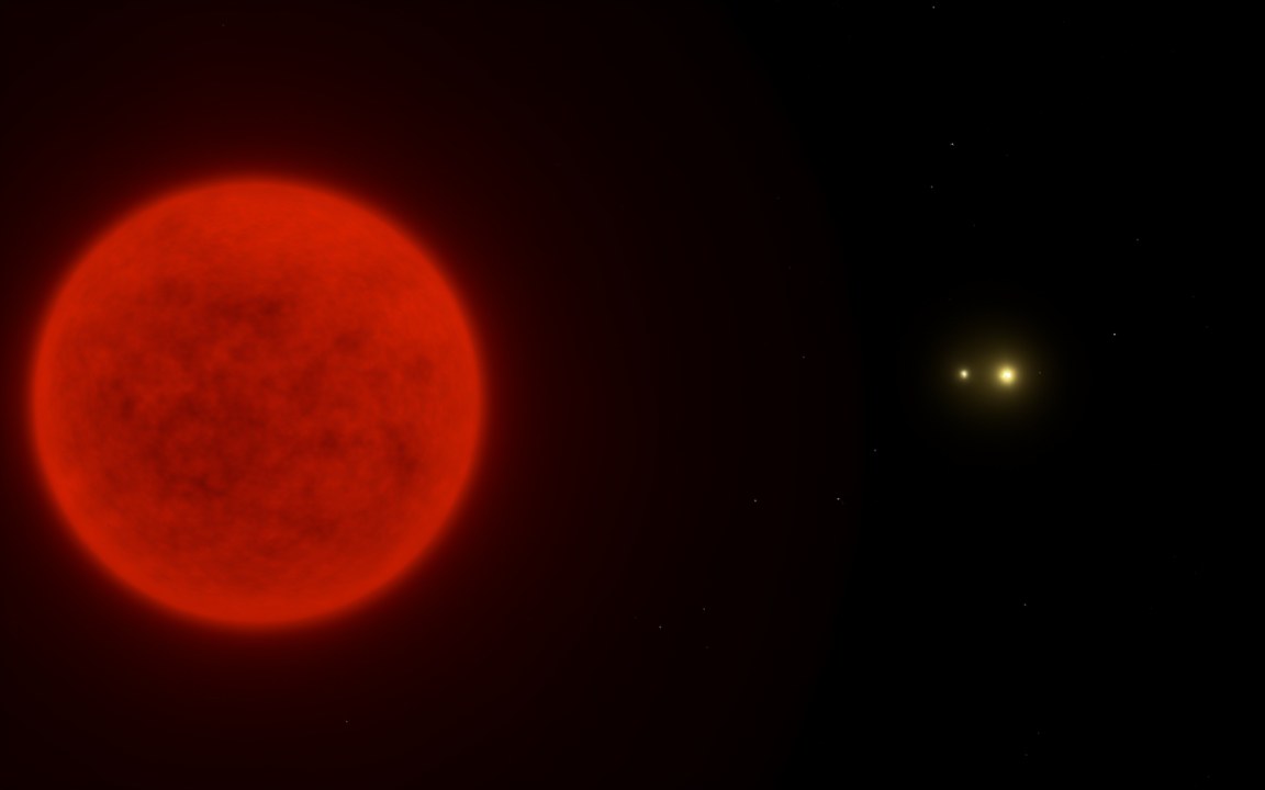 A deep red ball of a star on the left, and far off to the right two small yellow-white stars close together, an impression of Proxima Centauri with Alpha Centauri A and B in the distance.