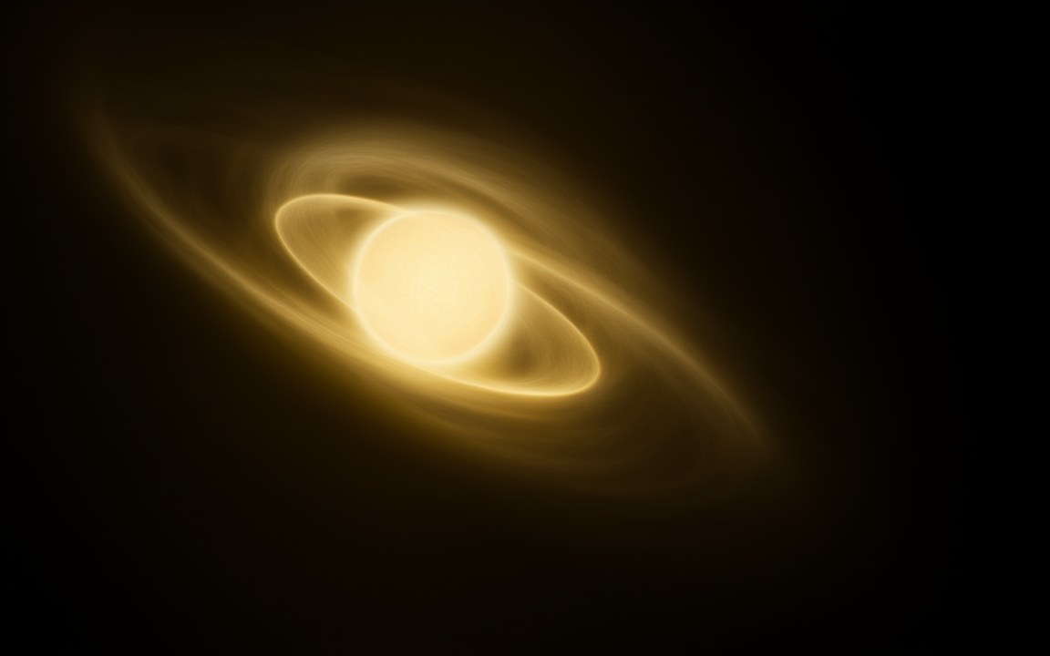 A pale yellow-white star wrapped in glowing golden loops that arc around it, an impression of Przybylski's Star and its magnetic field.