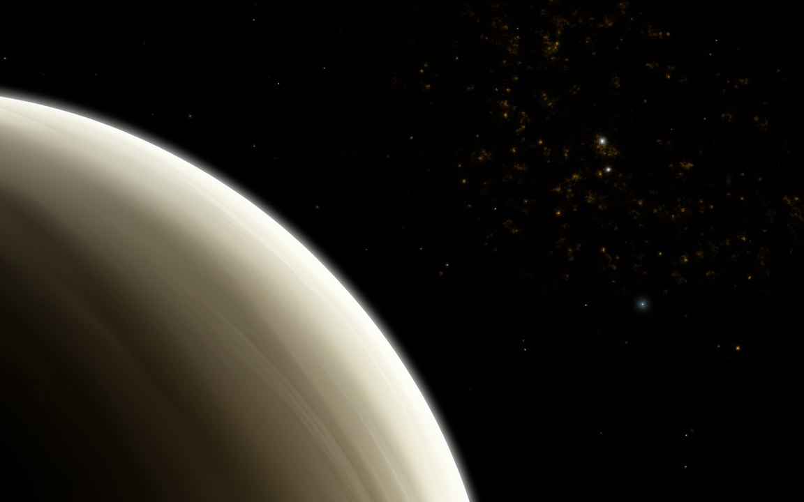 The curved edge of a pale, cold gas giant with faint bands filling the left of the view, and behind it a faint swarm of old orange stars with one blue-white point, an impression of PSR B1620−26 b in the globular cluster M4.