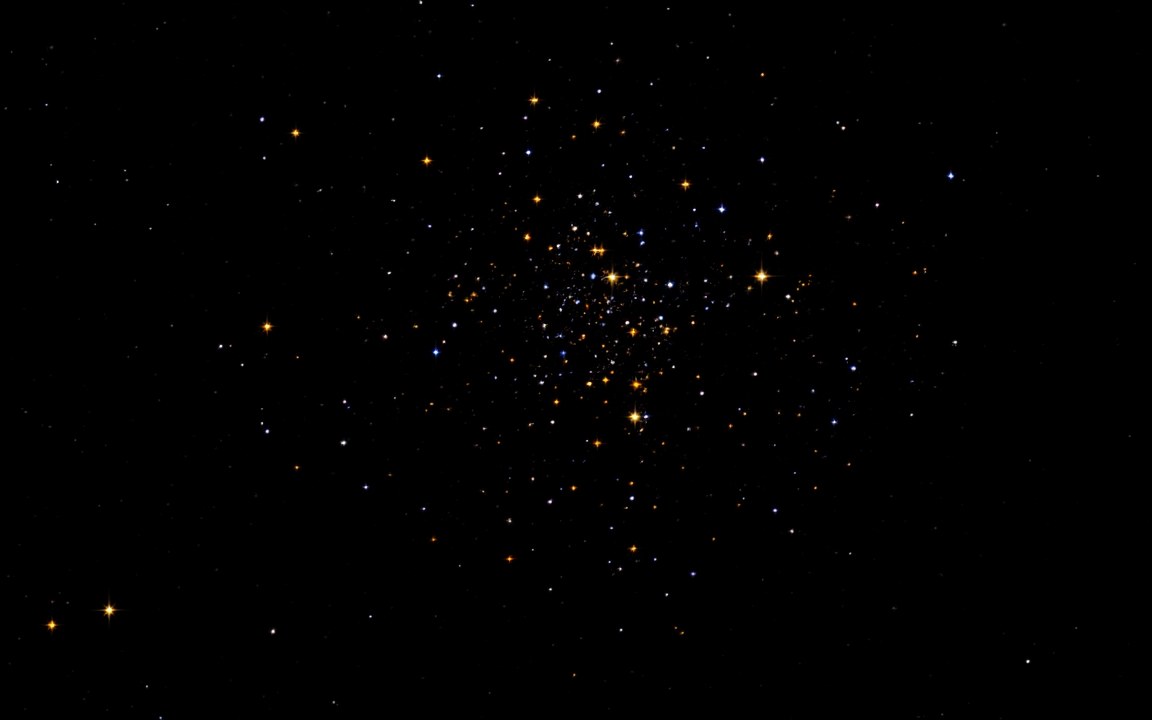 A loose swarm of yellow, orange and blue-white stars, crowded towards the middle and thinning out into black space, an impression of the globular cluster Messier 4, home of the Methuselah planet.