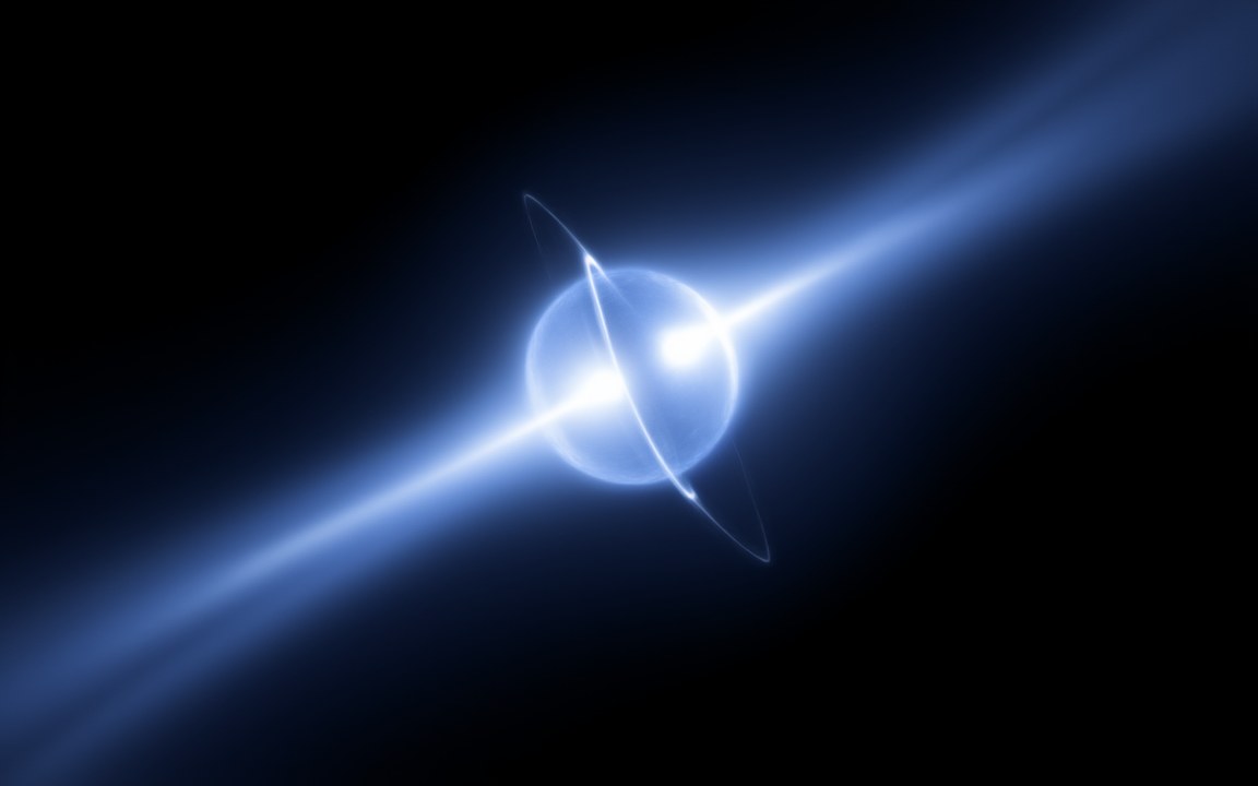 A glowing blue sphere with two narrow beams of light shooting out from its poles, an impression of a pulsar.