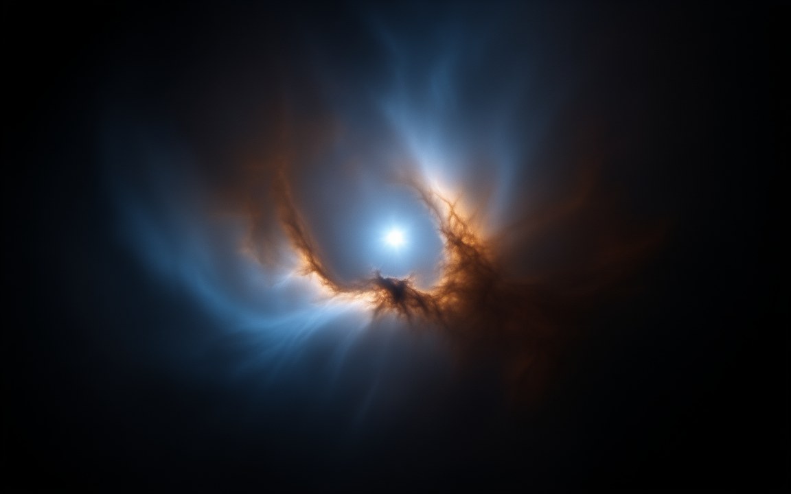 A bright blue-white star inside a cloud of blue and rust-brown gas, an impression of a pulsar in its nebula.
