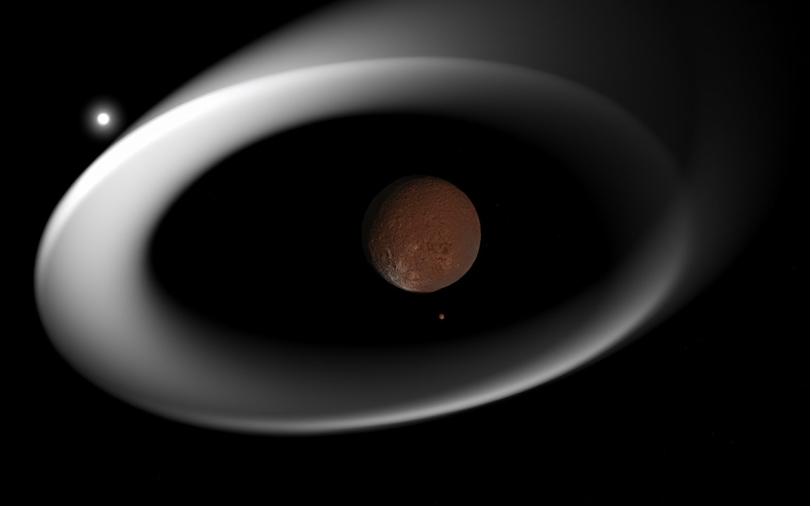 A small reddish-brown cratered world inside a wide, bright white ring, with the Sun as a small star in the corner, an impression of the dwarf planet Quaoar and its ring.