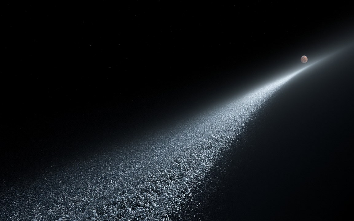 A broad stream of glittering ice particles sweeping across the foreground and curving away towards a small reddish world in the distance, an impression of the ring of Quaoar.