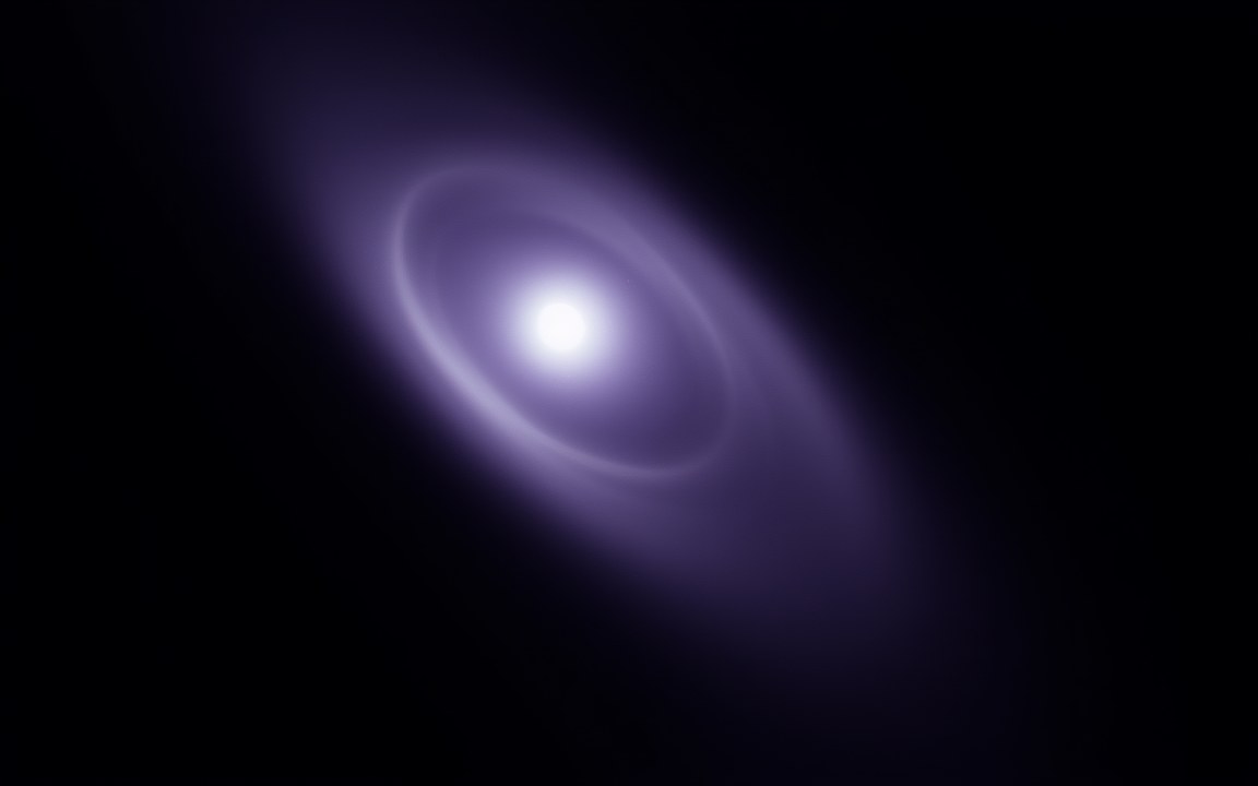 A small, brilliant violet-white core surrounded by a faint ring of light and a soft purple haze, an impression of a hypothetical quark star.