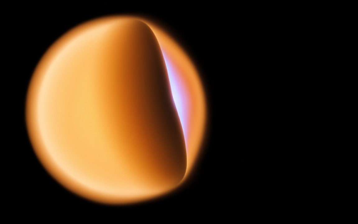 A glowing orange sphere with a slice cut away, showing violet light inside, an impression of the layered interior of a hypothetical quark star.