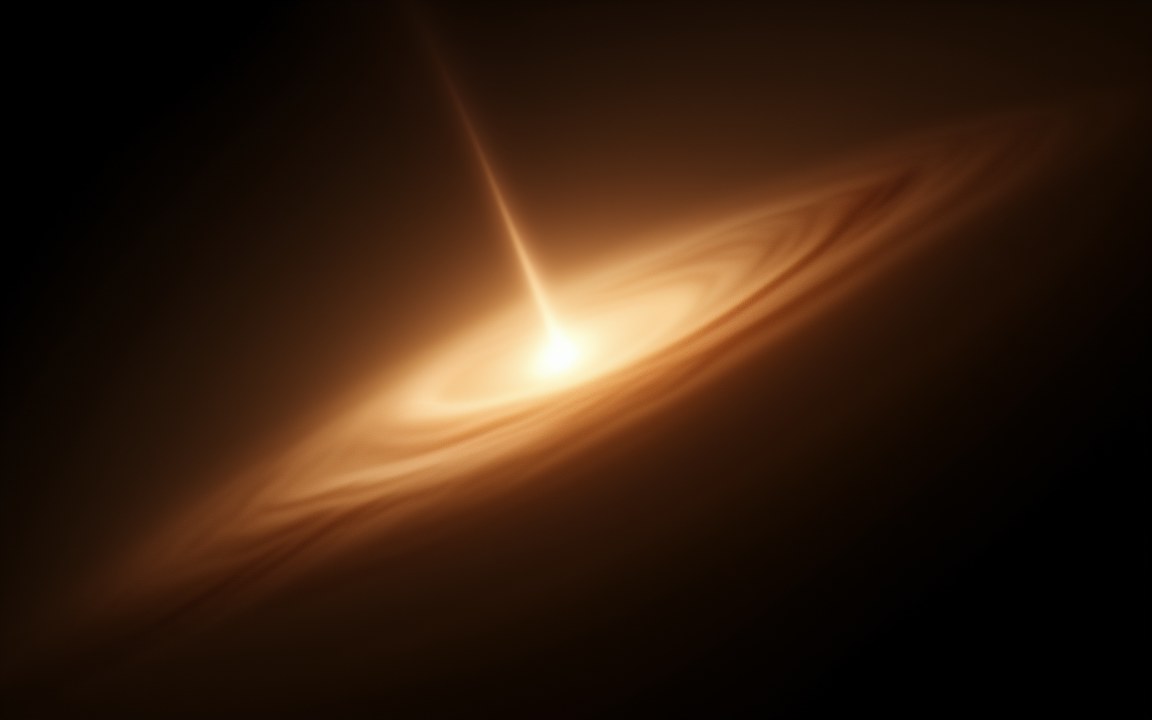 A bright core inside a wide, tilted golden disc of swirling gas, with a narrow jet rising above it, an impression of a quasar.