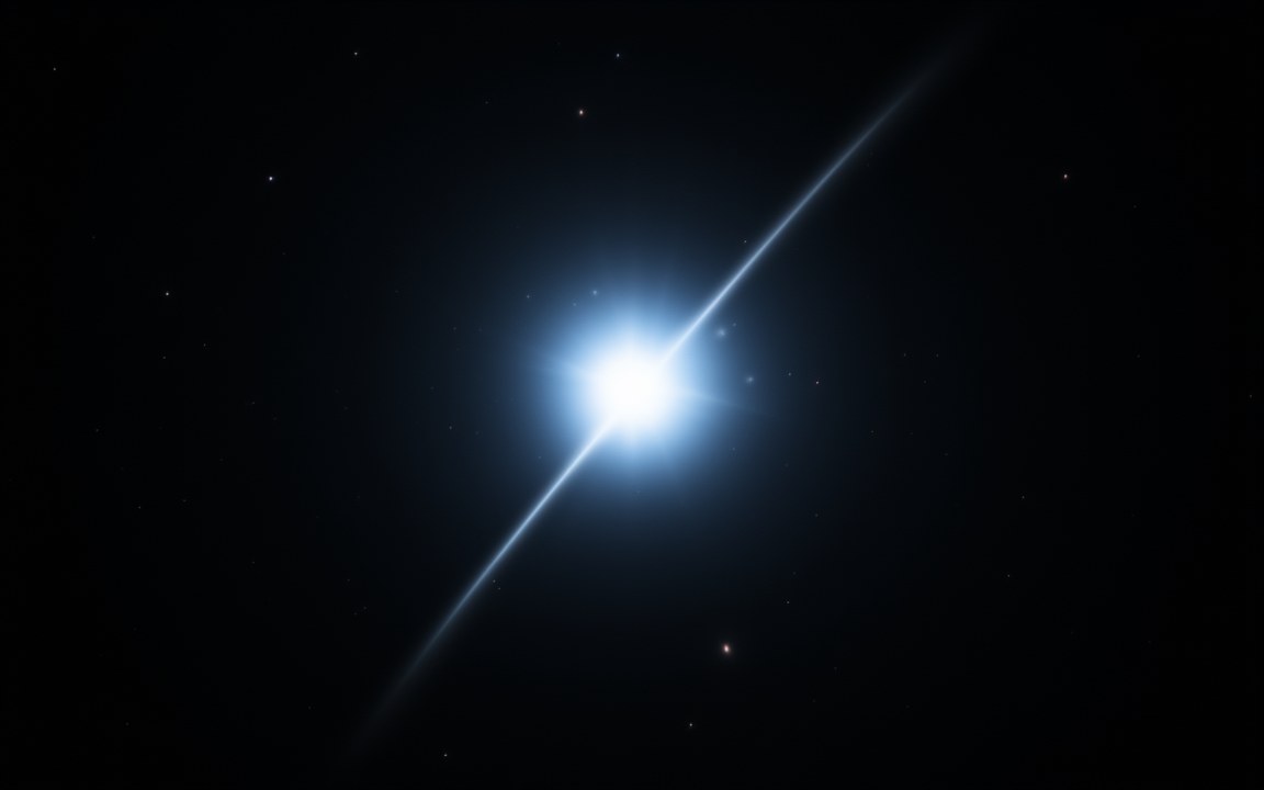A brilliant blue-white point of light with a thin jet crossing it diagonally, an impression of a quasar seen from afar.