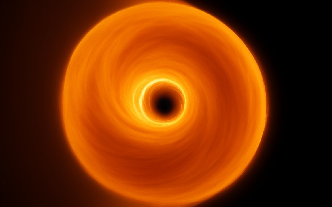 A huge glowing orange sphere with swirling layers around a bright ring and a dark centre, an impression of a quasi-star with a black hole at its heart.