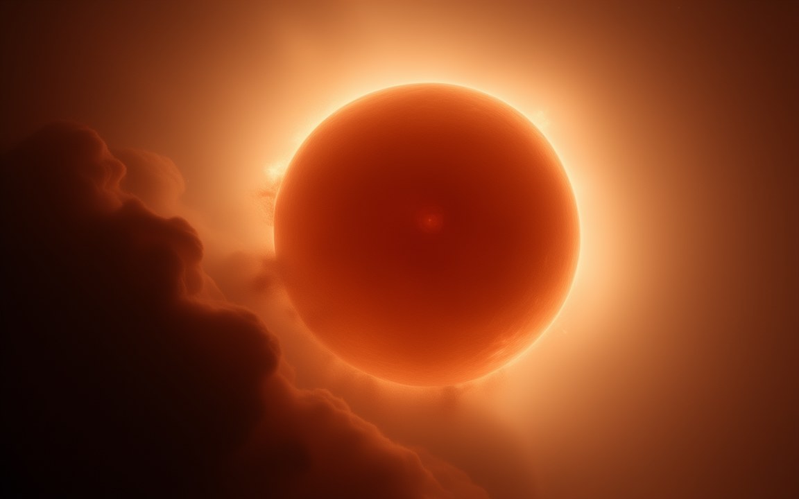 An enormous red-orange ball of glowing gas beside dark billowing clouds, an impression of a hypothetical quasi-star in the early universe.