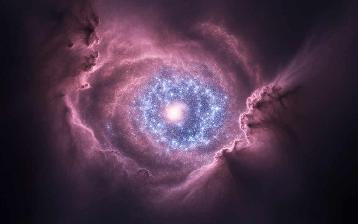 A dense cluster of blue-white stars with one blazing at its centre, inside a swirling pink and violet nebula, an impression of the R136 cluster and its star R136a1.