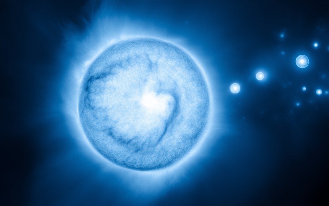 A huge, blinding blue-white star with a churning surface, with smaller blue stars glowing nearby, an impression of R136a1.