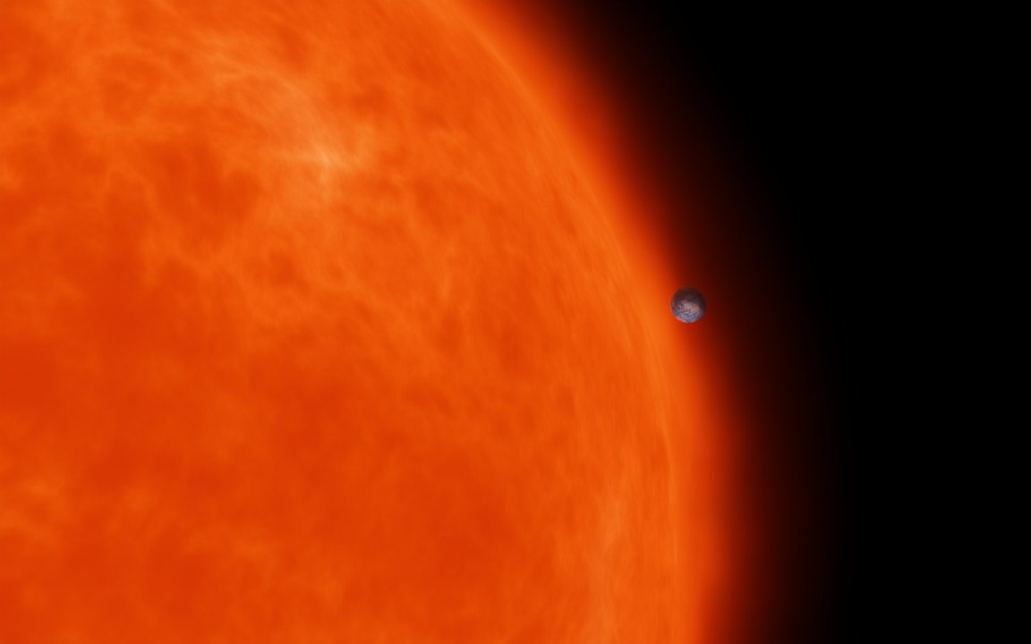 The vast, glowing orange surface of a swollen star filling the picture, with a small planet silhouetted near its edge, an impression of a red giant engulfing its planets.