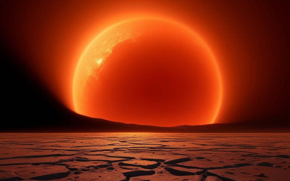 A vast red sun filling much of the sky above a cracked, barren plain, an impression of the Sun as a red giant seen from a scorched planet.