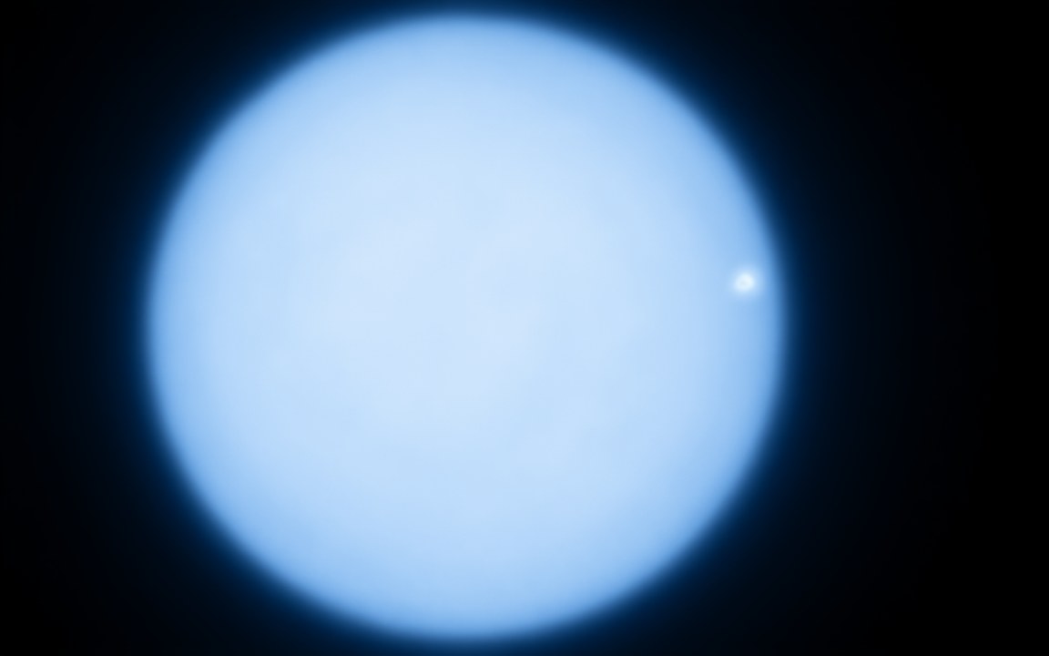 A huge, pale blue star glowing against black space, an impression of the blue supergiant Rigel.