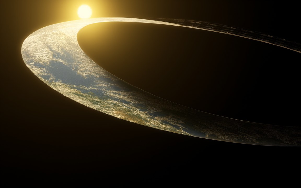 A vast curved band with land and cloud on its inner face, arcing around a bright star, an impression of the Ringworld.