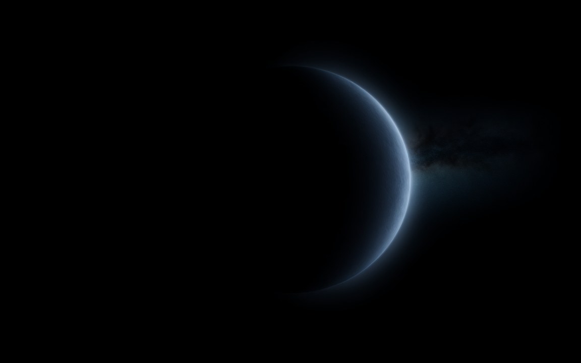A dark planet almost entirely in shadow, only a thin curved rim of its edge catching faint light against black space, an impression of a rogue planet drifting without a star.