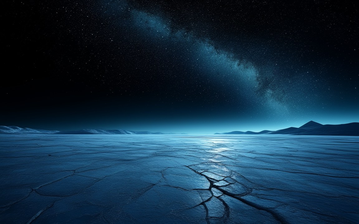A vast plain of cracked blue ice under a black sky crowded with stars and the band of the Milky Way, with no sun anywhere, an impression of the surface of a rogue planet.