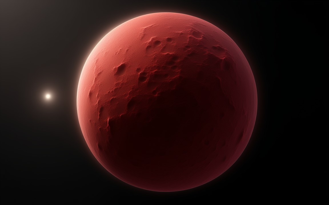 A cratered, deep red world lit from the left by the Sun, which is only a small bright star at that distance, an impression of Sedna.