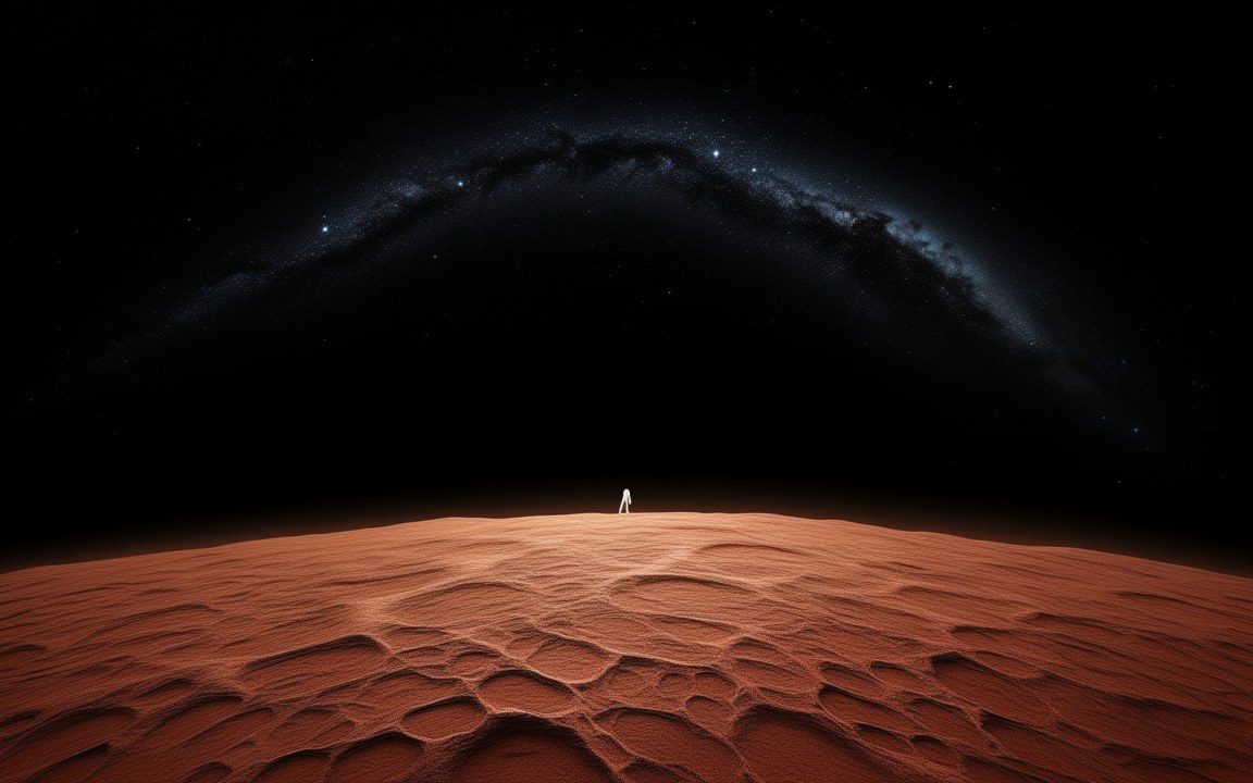 A rough, rust-red frozen plain under a black sky crossed by the arc of the Milky Way, with a tiny figure standing on the horizon, an impression of the surface of Sedna.