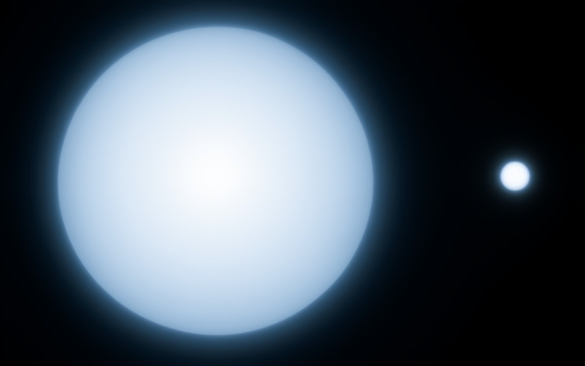 A large white-blue star on the left and a small, intensely bright white star to its right, an impression of Sirius A and its white dwarf companion Sirius B.