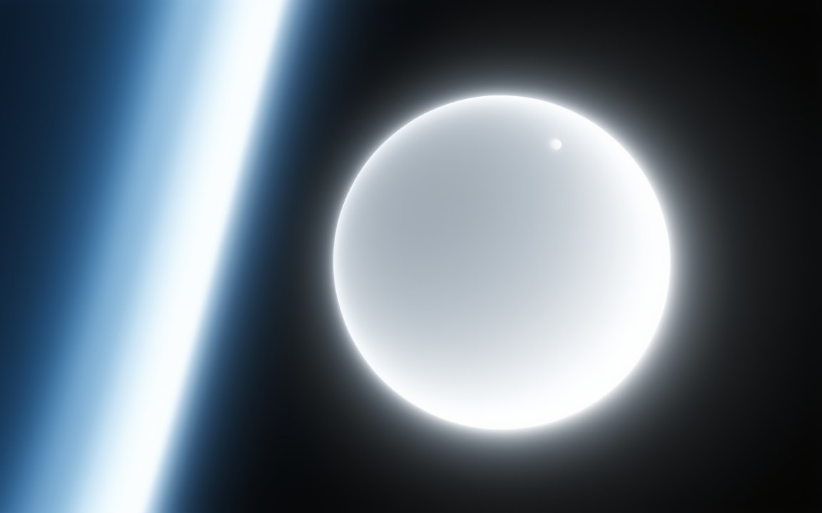 A small, crisp, glowing white sphere with the bright blue edge of a much larger star on the left, an impression of the white dwarf Sirius B beside Sirius A.