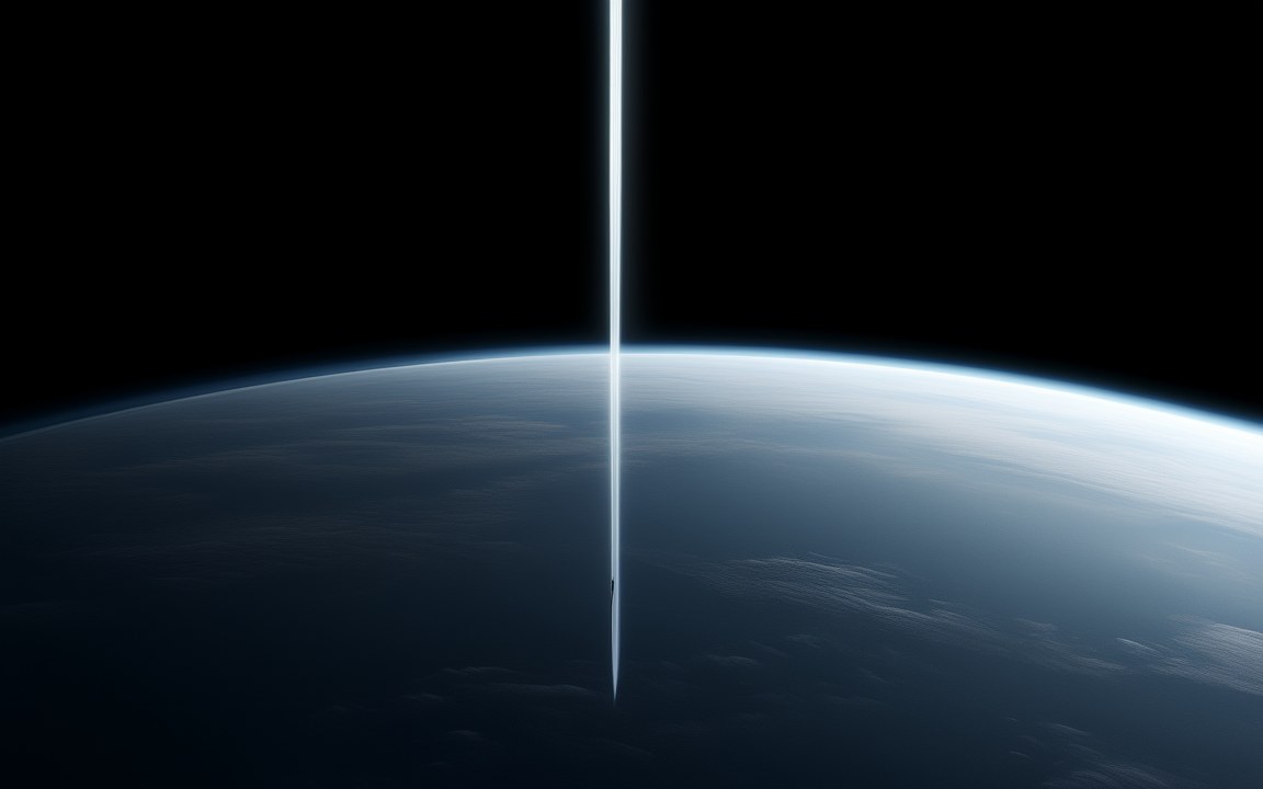A thin, bright ribbon rising straight up from the curved surface of the Earth into black space, an impression of a space elevator.