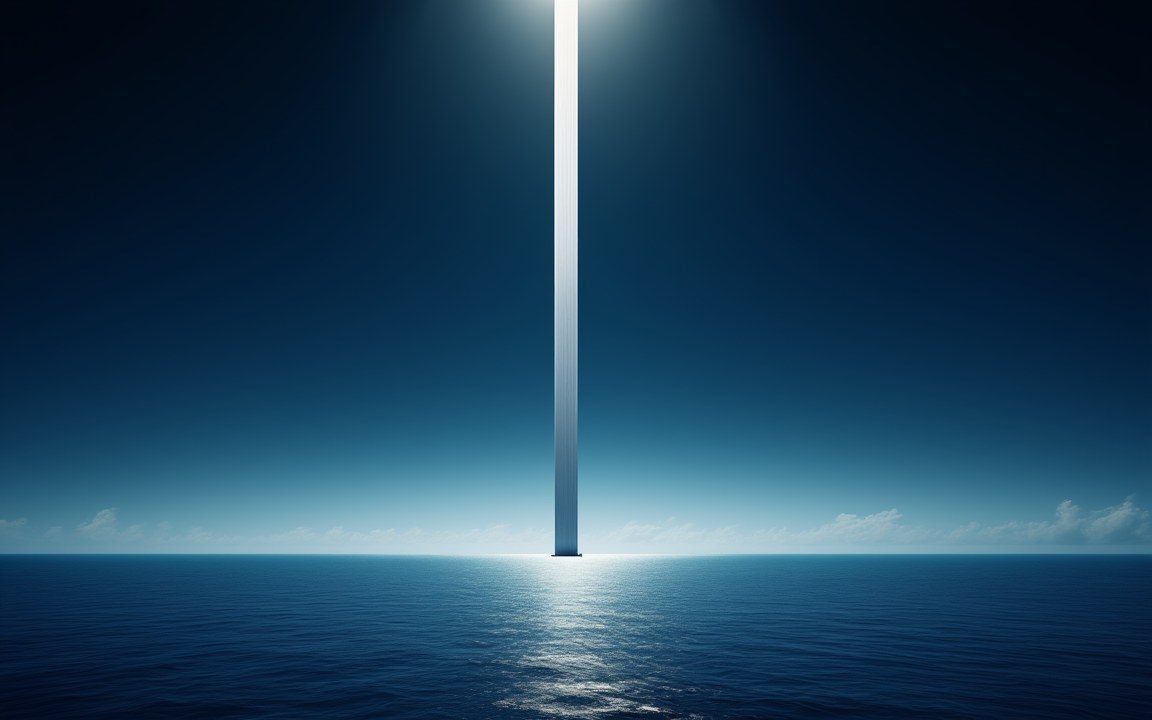 A silver ribbon rising vertically from a calm blue ocean into the sky and fading into space, an impression of the base of a space elevator.