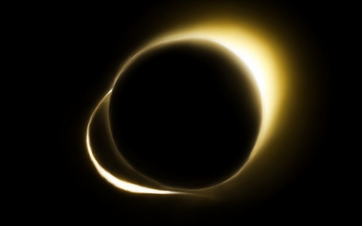 A black sphere edged with a bright golden crescent of light, and a thin glowing stream of gas curling around its lower side, an impression of a star being stretched into a stream by a black hole.