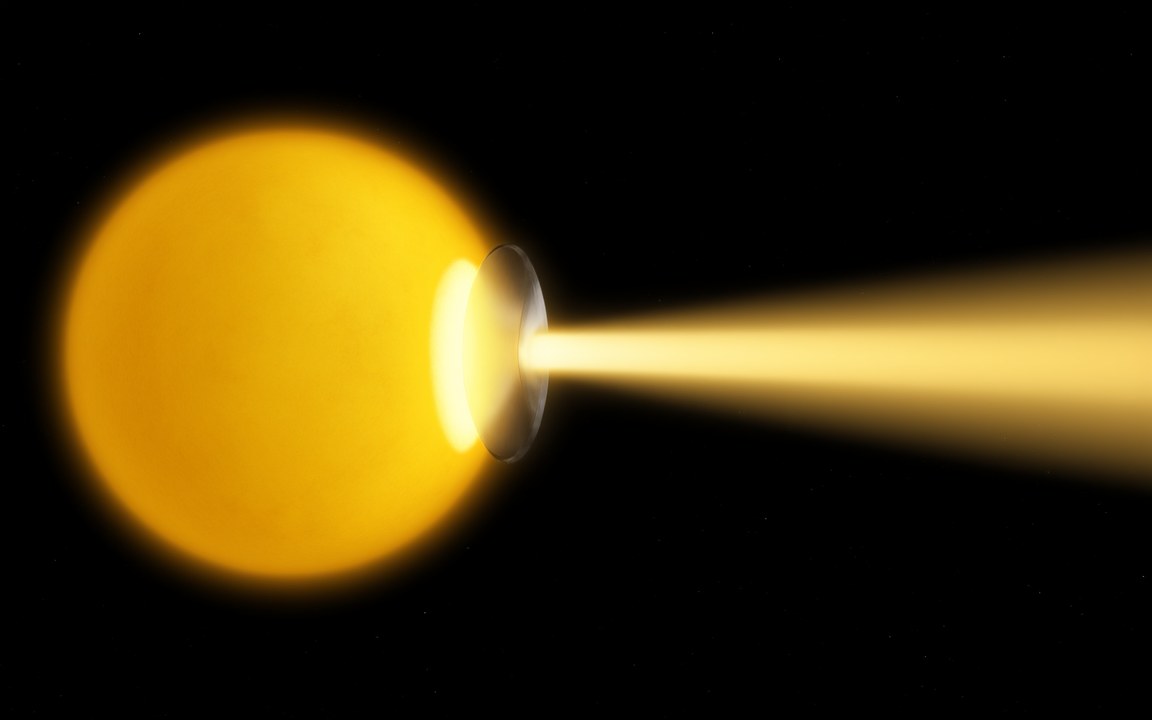 A yellow star with a curved mirror at its side, sending a broad beam of golden light out into space, an impression of a stellar engine pushing its star.