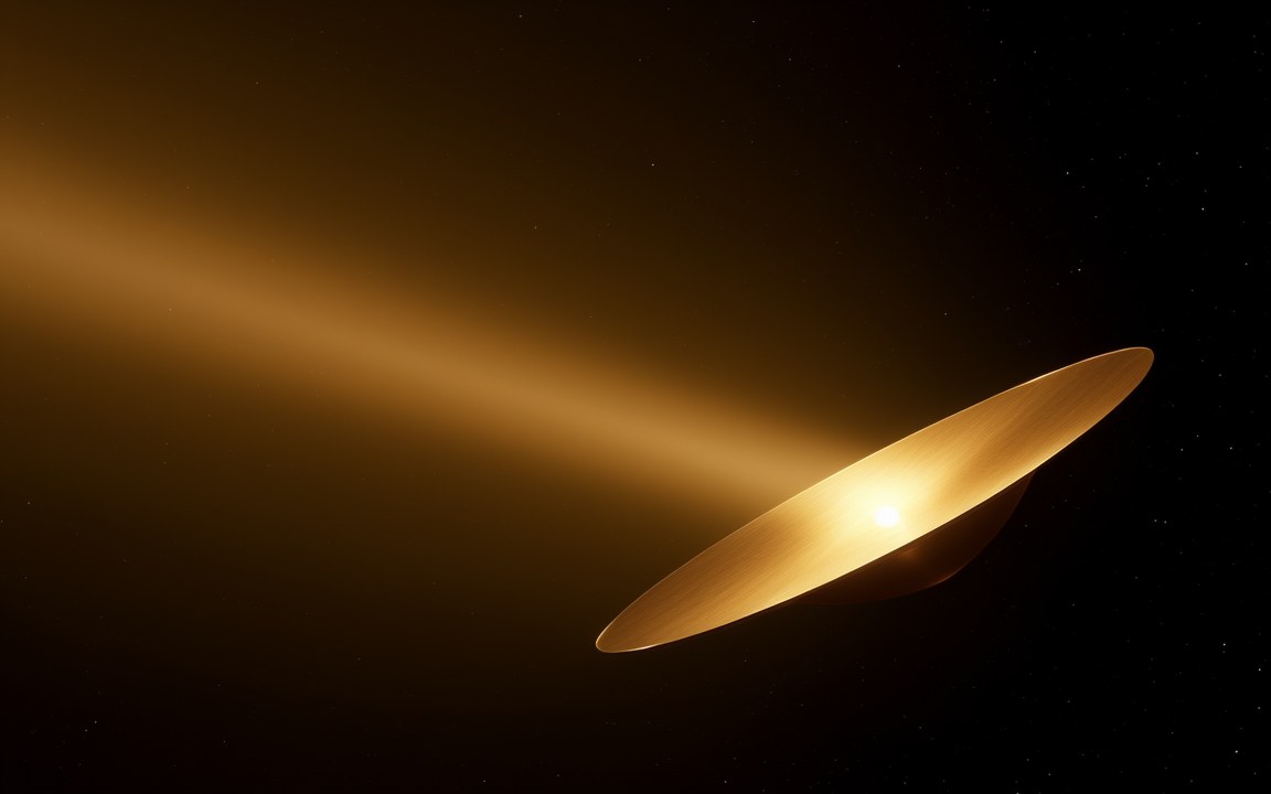 A huge dish-shaped mirror catching light and sending a golden beam off into space, an impression of the mirror of a stellar engine.