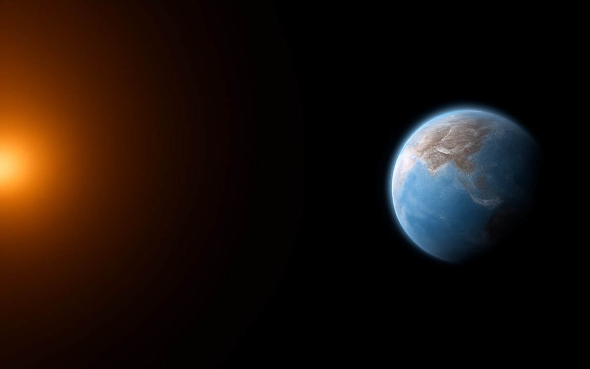 A large blue planet with brown land and thin white clouds, lit by an orange star at the left edge, an impression of one possible kind of super-Earth, with oceans.