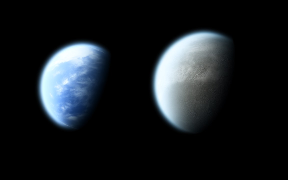 Two planets side by side, lit from the left: a blue Earth with white clouds and, beside it, a slightly larger grey-white rocky planet with a thin blue haze, an impression of a super-Earth compared with Earth.