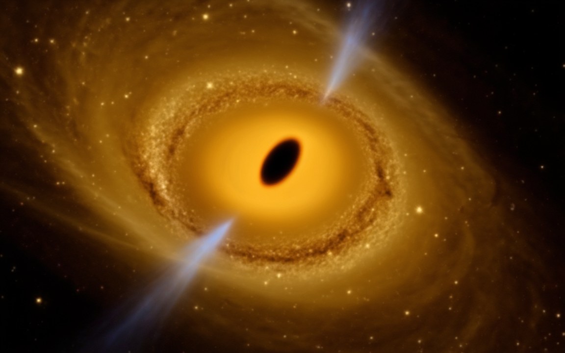The golden core of a spiral galaxy with a small black shadow at its heart and two blue jets shooting out above and below, an impression of a supermassive black hole.