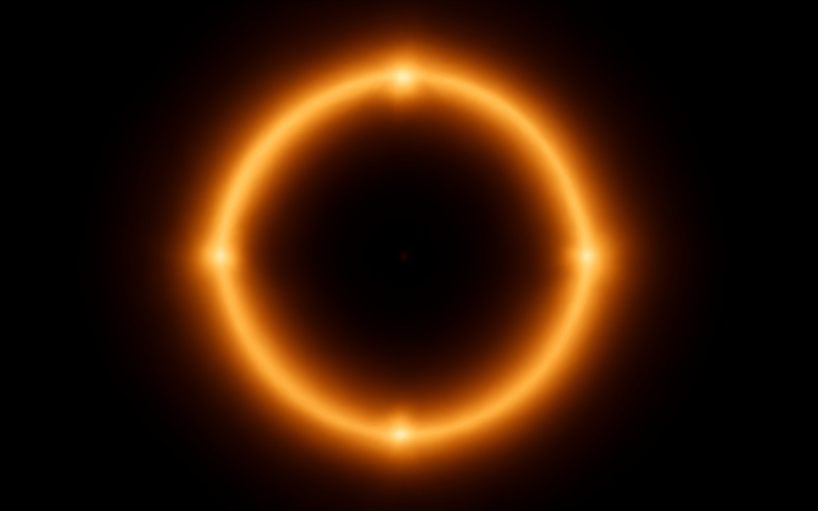 A glowing orange ring of light with brighter knots around a dark centre, an impression of a supermassive black hole like Sagittarius A*.