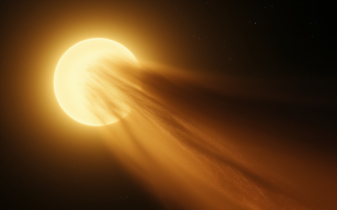 A yellow-white star partly veiled by a broad stream of dust sweeping across it, an impression of Tabby's Star dimmed by passing dust.