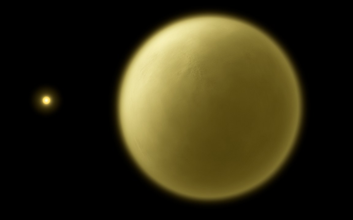 A large planet wrapped in thick, hazy yellow cloud, lit from the left by a small yellow star in black space, an impression of Tau Ceti e as it was once imagined.