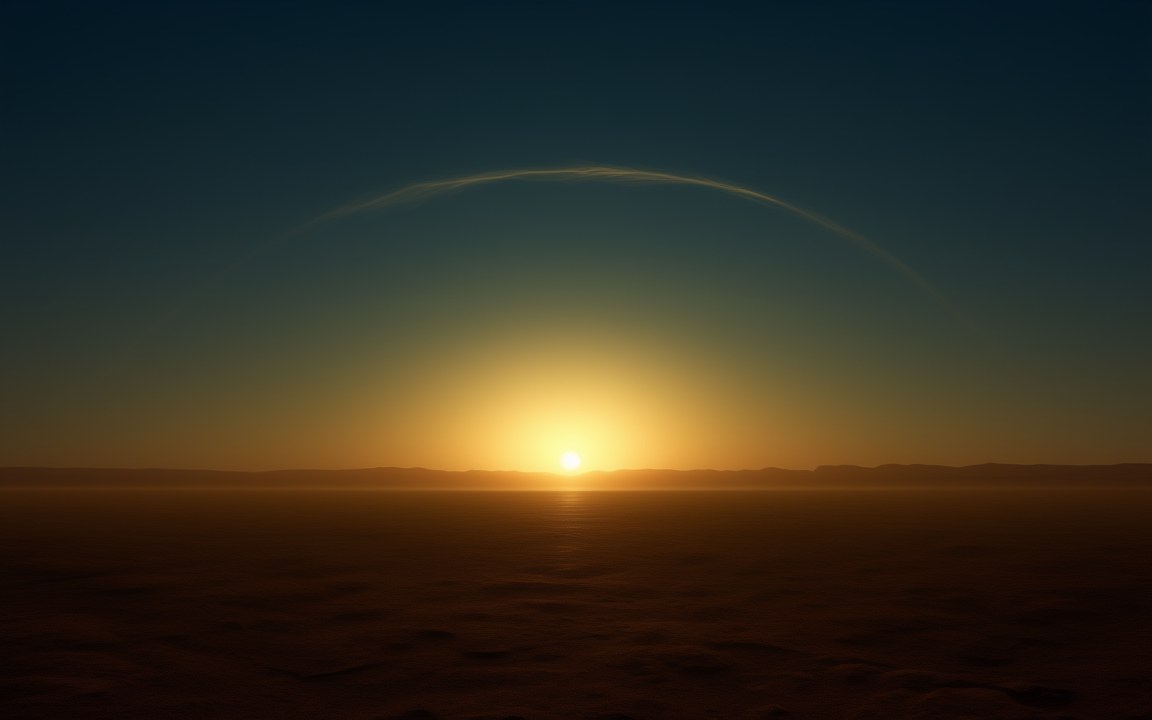 A pale yellow sun on the horizon of a dark, hazy plain, under a twilight sky crossed by a faint thin arc of light, an impression of a sunset on the candidate planet Tau Ceti e.