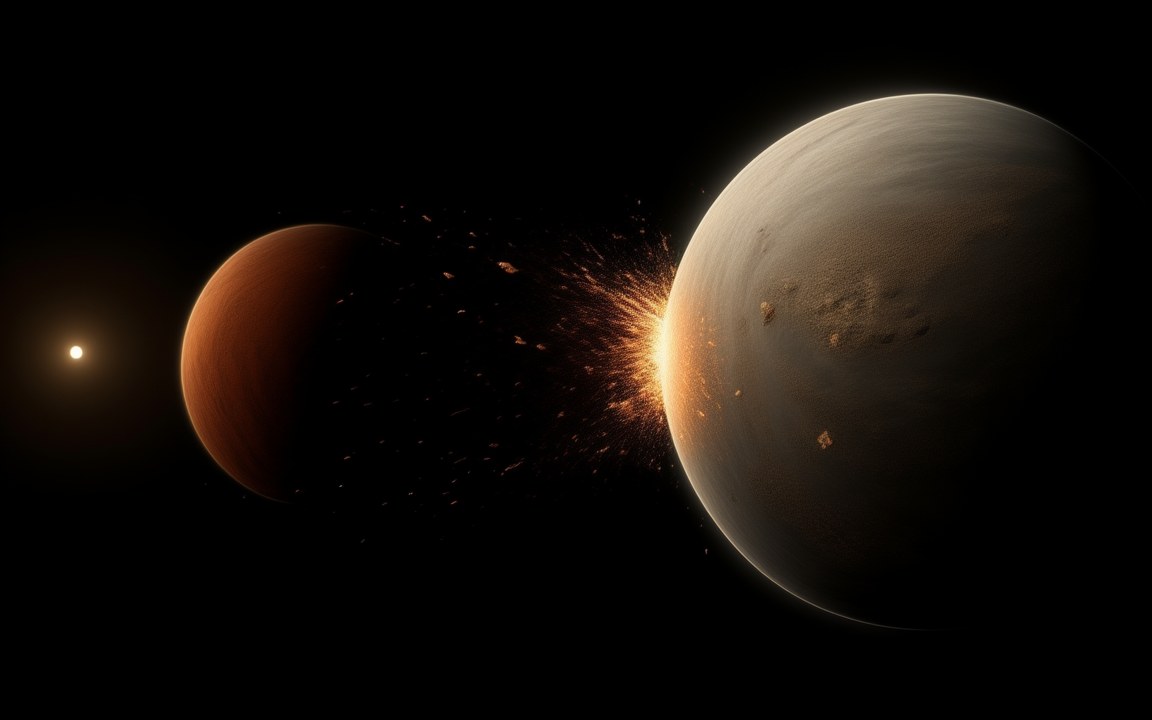 A reddish-brown planet on the left and a larger pale grey-brown planet on the right, with a burst of glowing orange debris spraying from the larger planet's edge between them and a small Sun far off at the left, an impression of Theia striking the young Earth.