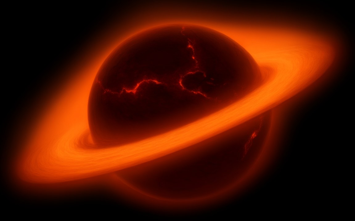 A dark red planet glowing with molten cracks, circled by a broad, tilted ring of glowing orange vapour and debris, an impression of the young Earth just after the giant impact, with the disc in which the Moon formed.